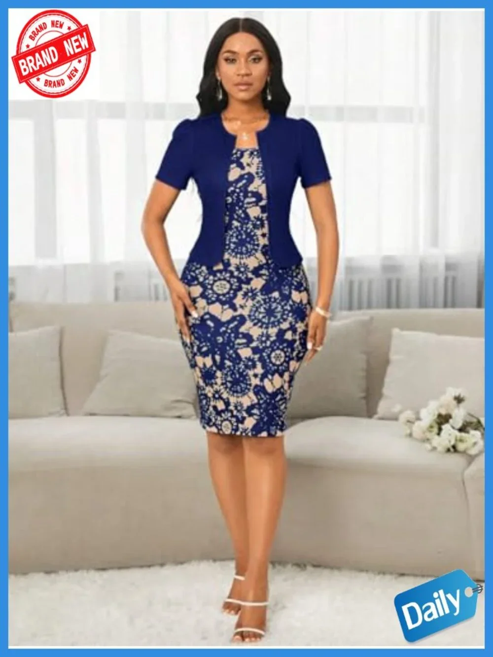 Women's Two Piece Pencil Bodycon Midi Dress Set Crew Neck 3/4 Sleeve Print Work